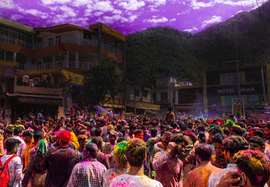 Happy holi festival in Rishikesh and many people with colors