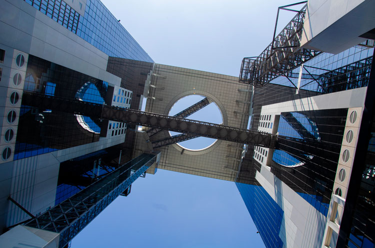 A view from the ground to the top of Umeda Sky Building in Osaka.